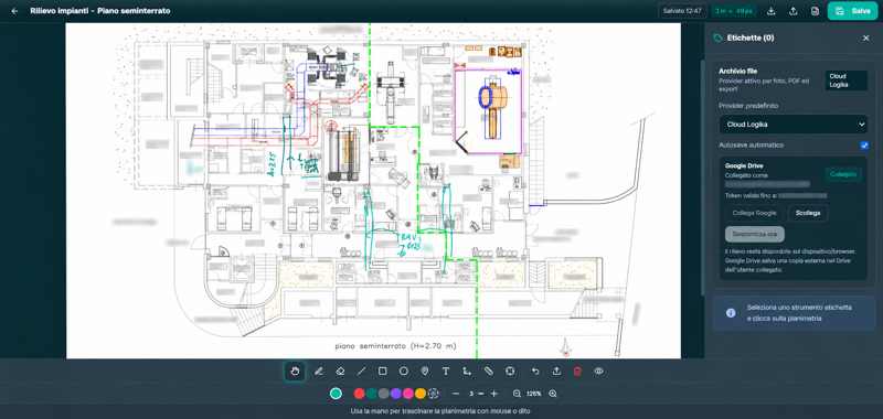 Logika Inspect: editor di rilievo su planimetria con dati identificativi oscurati